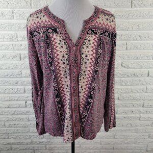 Style & Co XL Top Lavender Black Floral Crochet Trim Roll Tab Sleeve FLO289E